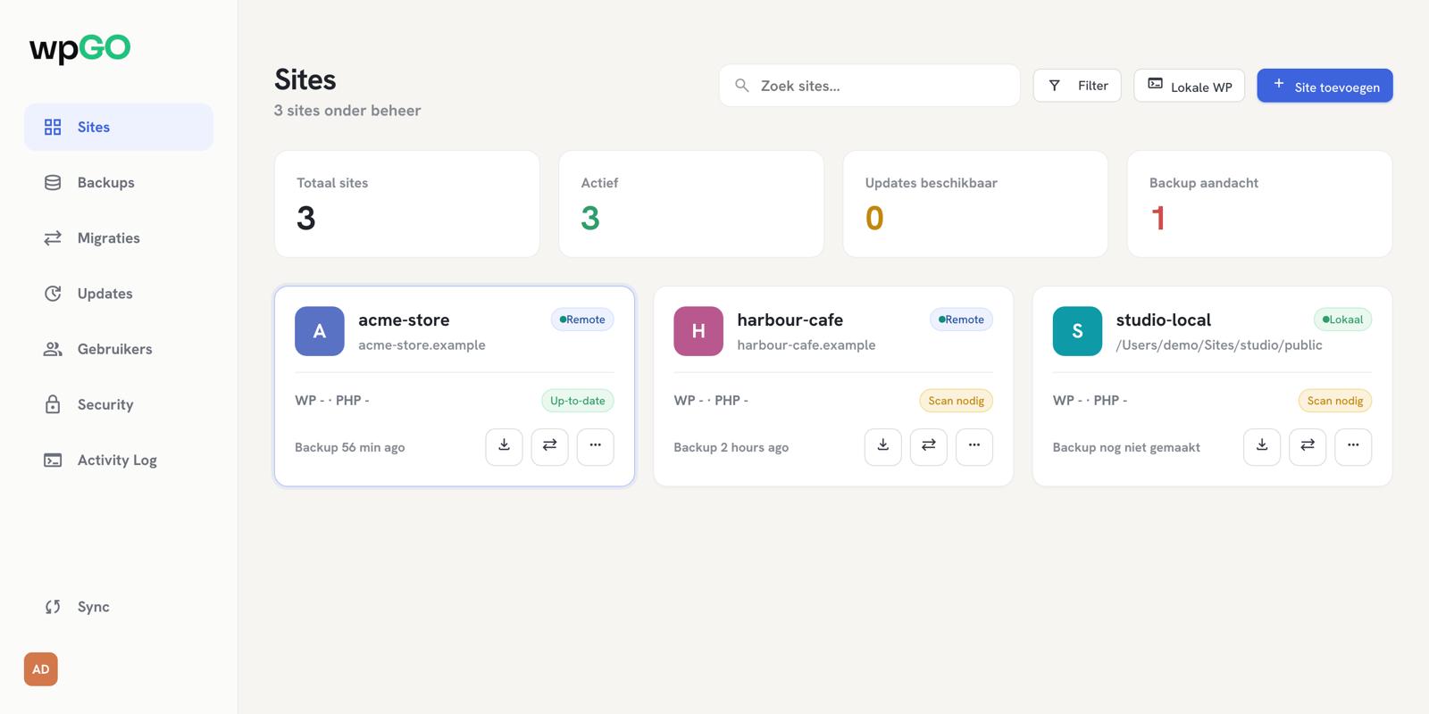 Het wpGO-dashboard met drie WordPress-sites, hun backupstatus en beschikbare updates.